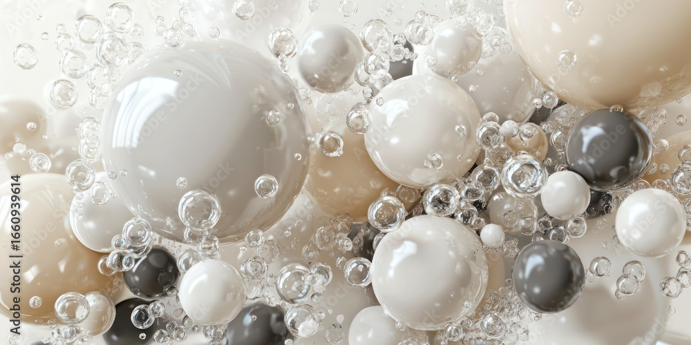 Poster a collection of glossy spheres floats within a translucent liquid, creating a shimmering, bubbly eff