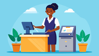 Smiling Female Cashier at Checkout Counter Illustration