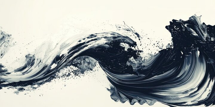 A dynamic, abstract image captures the powerful motion of a wave crashing against a dark background. The wave is rendered in shades of black and white,  - Powered by Adobe