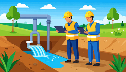 Water Infrastructure Inspection: Workers Assessing Pipeline System