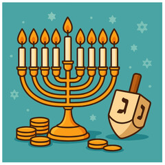 Hanukkah Menorah with Dreidel and Gelt – Flat Vector Illustration