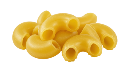 Close up of uncooked elbow macaroni pasta isolated on white background arranged in a pile