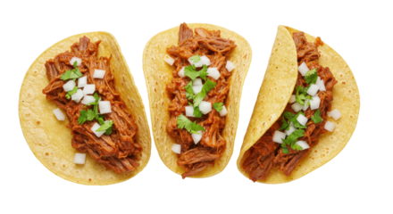 Three delicious tacos filled with savory shredded beef topped with onions and cilantro isolated on white background