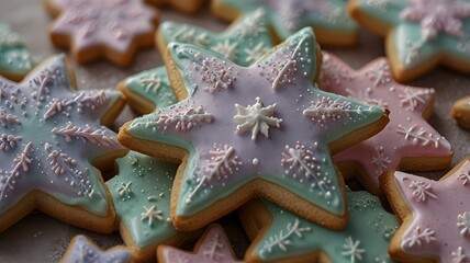 A close up of beautifully decorated star-shaped Christmas cookies with pastel icing and intricate white snowflake designs. Elegant holiday baking concept