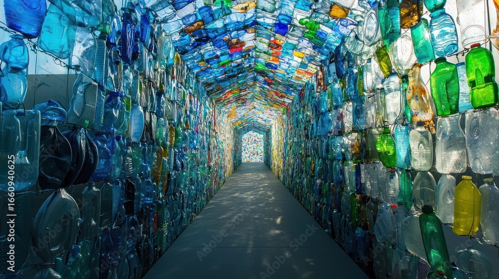 Poster A long, dark tunnel is constructed from countless plastic bottles, creating a vibrant, colorful pathway. The bottles are arranged vertically, overlapping to form a shimmering, translucent ceiling