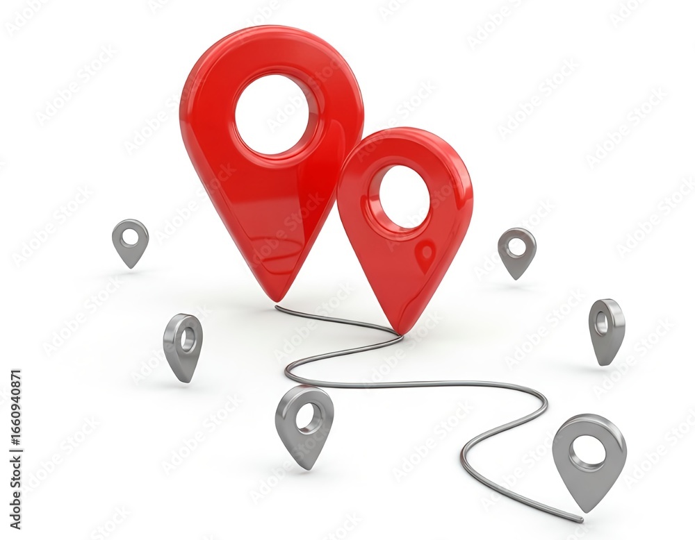 Fototapete two red glossy map pointers and path - 3d location icons isolated on white. 3d rendering