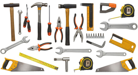 Assorted hand tools arranged flat surface isolated on white background showcasing functionality variety