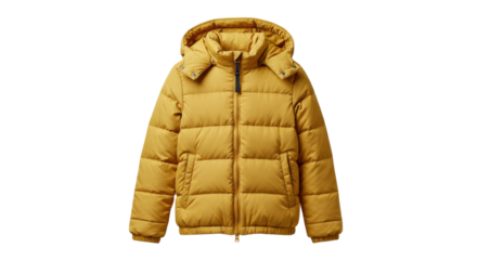 Stylish yellow puffer jacket isolated on white background ideal for winter fashion