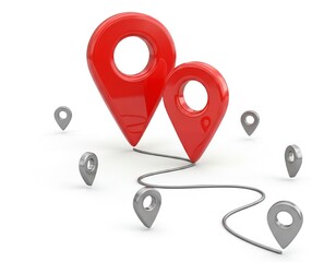 Two Red glossy map pointers and path - 3d location icons isolated on white. 3d rendering