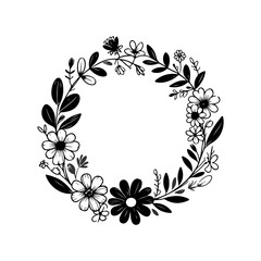 Hand drawn floral wreath vector illustration with black and white flowers and leaves.