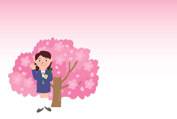 卒業式のブレザー制服の女子生徒と桜のポストカード
