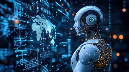 A futuristic robot with a metallic, humanoid head and torso is gazing at a holographic display showing a world map overlaid with complex circuit diagrams and data streams. 