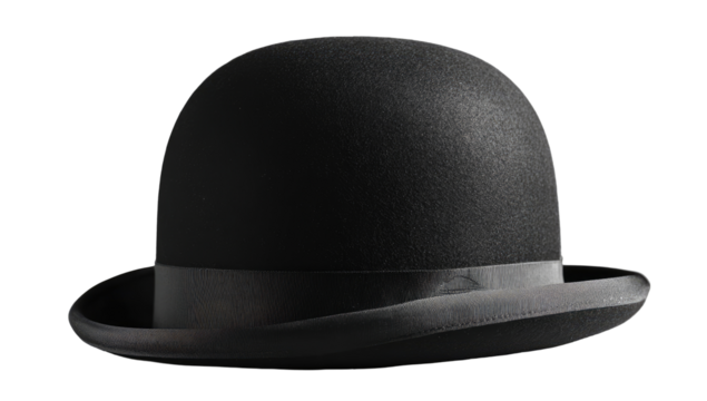 Close-up of a dark, rounded,  bowler hat.  Dark gray band accents the crown.  Isolated against black background
