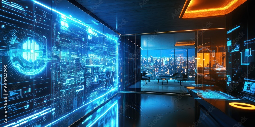 Poster a futuristic, dimly lit office space features a massive holographic display dominating one wall. the