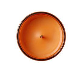 Overhead view of an orange candle.  A round, orange candle with a dark-edged, transparent container.  Small wick visible in the center
