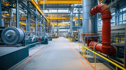 A long, industrial hallway stretches into the distance, illuminated by bright overhead lights. The hallway is lined with a complex network of pipes, valves