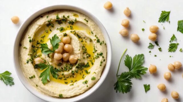 Hummus Delight: A vibrant bowl of creamy hummus is adorned with chickpeas, fresh parsley, and a drizzle of olive oil, capturing the essence of a delicious Middle Eastern culinary experience.