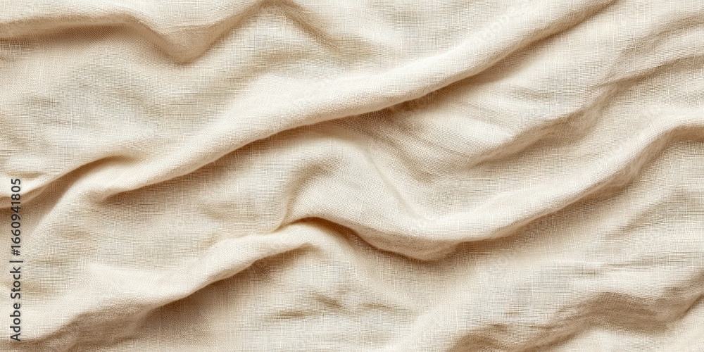 Poster a close-up shot of a beige linen fabric, dramatically draped and folded to create a series of undula