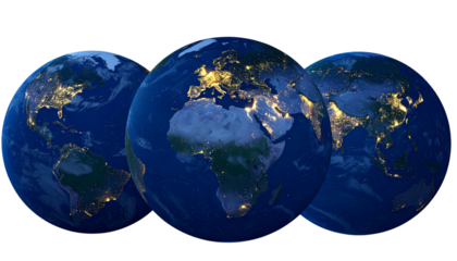  Set of Three Earth Night Globes, Transparent Background PNG