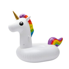 A white inflatable unicorn pool float with a rainbow mane and tail isolated on white or a transparent background, PNG format.