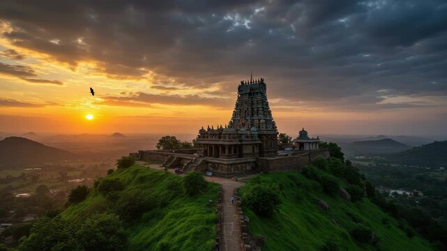 Ancient Temple on Hilltop at Sunrise, Cloudy Sky and Lush Landscape