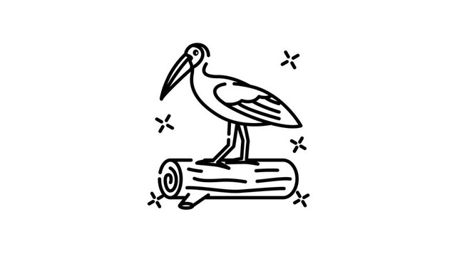 Stork cartoon motion shows a wood stork standing on a log in cartoon style.