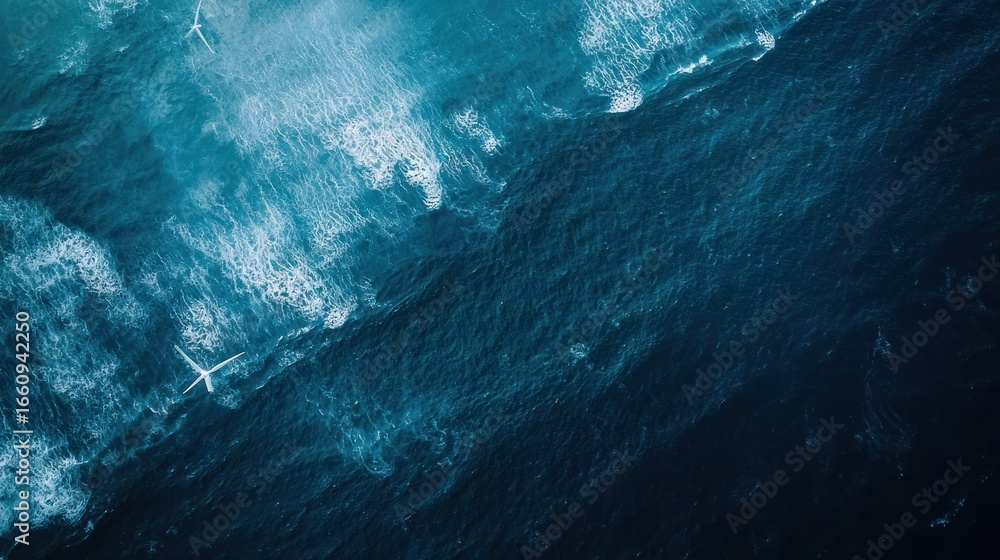 Poster an aerial view captures a turbulent ocean surface under a dark, overcast sky. white-capped waves cra