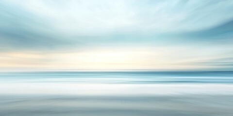 Obraz premium A long exposure photograph captures a serene seascape at twilight. The sky is a blend of pale blues, whites, and soft pinks, creating a dreamy, ethereal atmosphere.