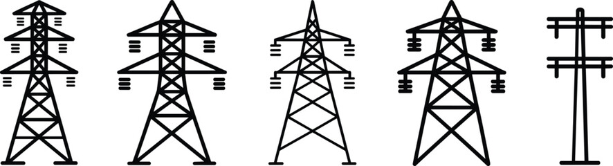 Electricity transmission towers, power line pylons, high voltage structures, utility poles, energy distribution icons, industrial infrastructure, black vector illustration