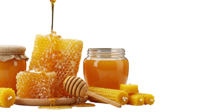 Honeycomb and jar of honey with drizzling honey showcasing natural sweetness and texture isolated on white background