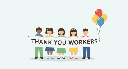Fototapeta premium Diverse Group of Workers Holding a 'Thank You Workers' Banner with Colorful Balloons in a Community Appreciation Celebration, Emphasizing Gratitude for Hardworking Employees and Team Spirit in a