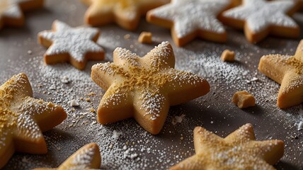 A delicious close up of star-shaped Christmas shortbread cookies, generously dusted with powdered sugar on a clean surface. Holiday baking concept