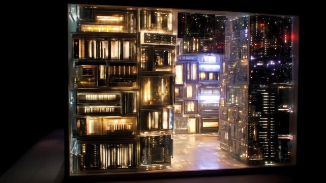 A cubical structure showcasing an interior of a technological city within a clear glass box, illuminated with warm and cool lights