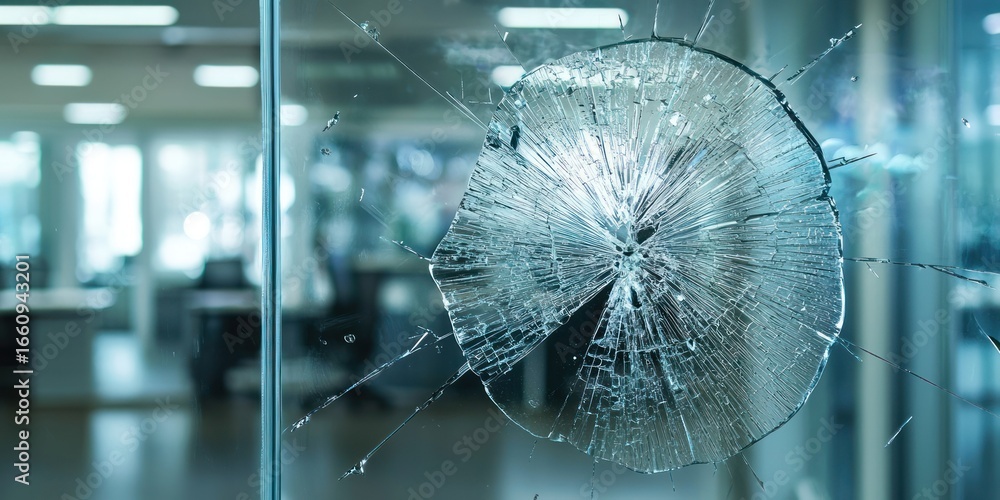 Poster a large pane of glass is shattered, with a prominent circular impact point. the glass is fragmented 