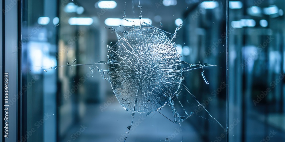 Poster a shattered glass pane dominates the foreground, revealing a blurred hallway beyond. the glass is fr
