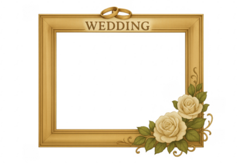 Golden wedding frame with white roses and wedding rings on transparent background