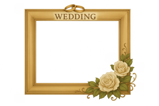 Golden wedding frame with white roses and wedding rings on transparent background