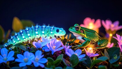 Frog and Glowing Caterpillar in Floral Garden with Dark Background.