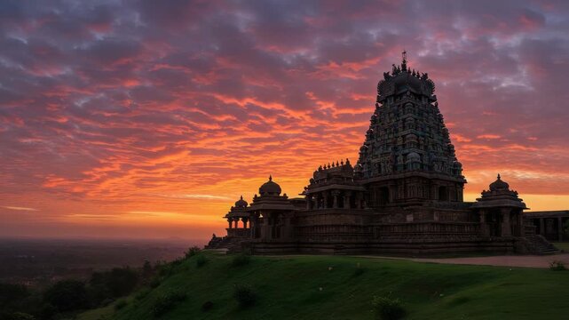 Ancient Temple Complex at Sunrise with Dramatic Colorful Sky