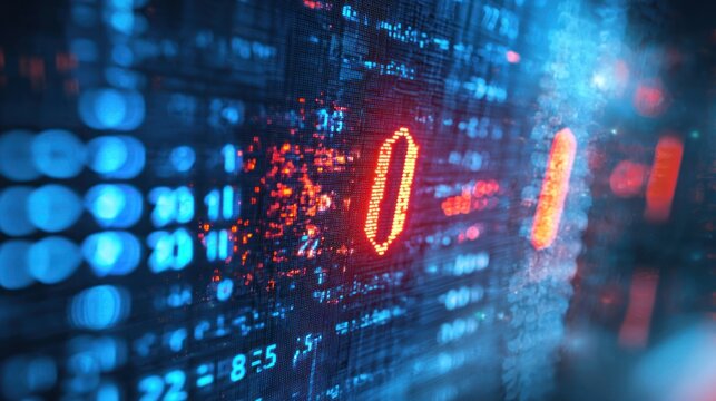 A close-up view of a digital display showcasing a large, glowing zero (0) in vibrant blue and red hues. The background is filled with a dense matrix of rapidly scrolling numbers 