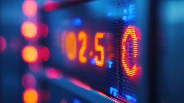 A close-up shot of a digital scoreboard displaying the time 02:50. The display is illuminated with vibrant red and blue lights, creating a dramatic and futuristic effect. 