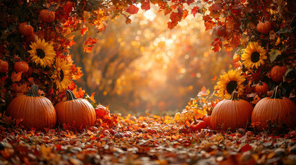 A vibrant autumn scene unfolds, adorned with a warm banner bursting with the colors of the season: fiery orange, russet red, and deep golden yellow. Pumpkins and sunflowers add their cheerful 