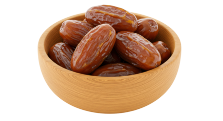 A wooden bowl filled with fresh shiny dates isolated on white background showcasing their rich color and texture