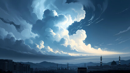 Dramatic cloudscape over a city skyline at dawn, showcasing majestic cumulus clouds and distant minarets.