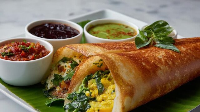 Delectable Dosa Delight: A beautifully plated and tempting South Indian Dosa, meticulously filled with savory vegetables, presented alongside a vibrant trio of complementary chutneys and sauces.