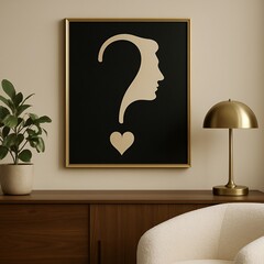 Elegant Living Room with Minimalist Question-Mark Face Art on Black