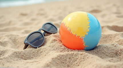 Obraz premium Beach essentials: A colorful ball and stylish sunglasses resting on the sand