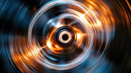 A vibrant, blurred image showcases a spinning object, likely a turbine or fan, emitting intense concentric rings of light. The colors shift dramatically between shades of orange, gold, and blue