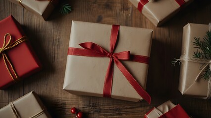 Festively wrapped Christmas presents with colorful ribbons and bows, arranged under a decorated evergreen tree indoors during the holiday season. Joyful giving concept