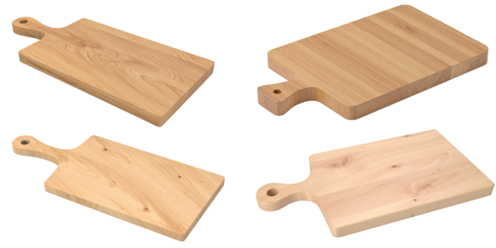 Minimal style wooden chopping board set on isolated transparent background.